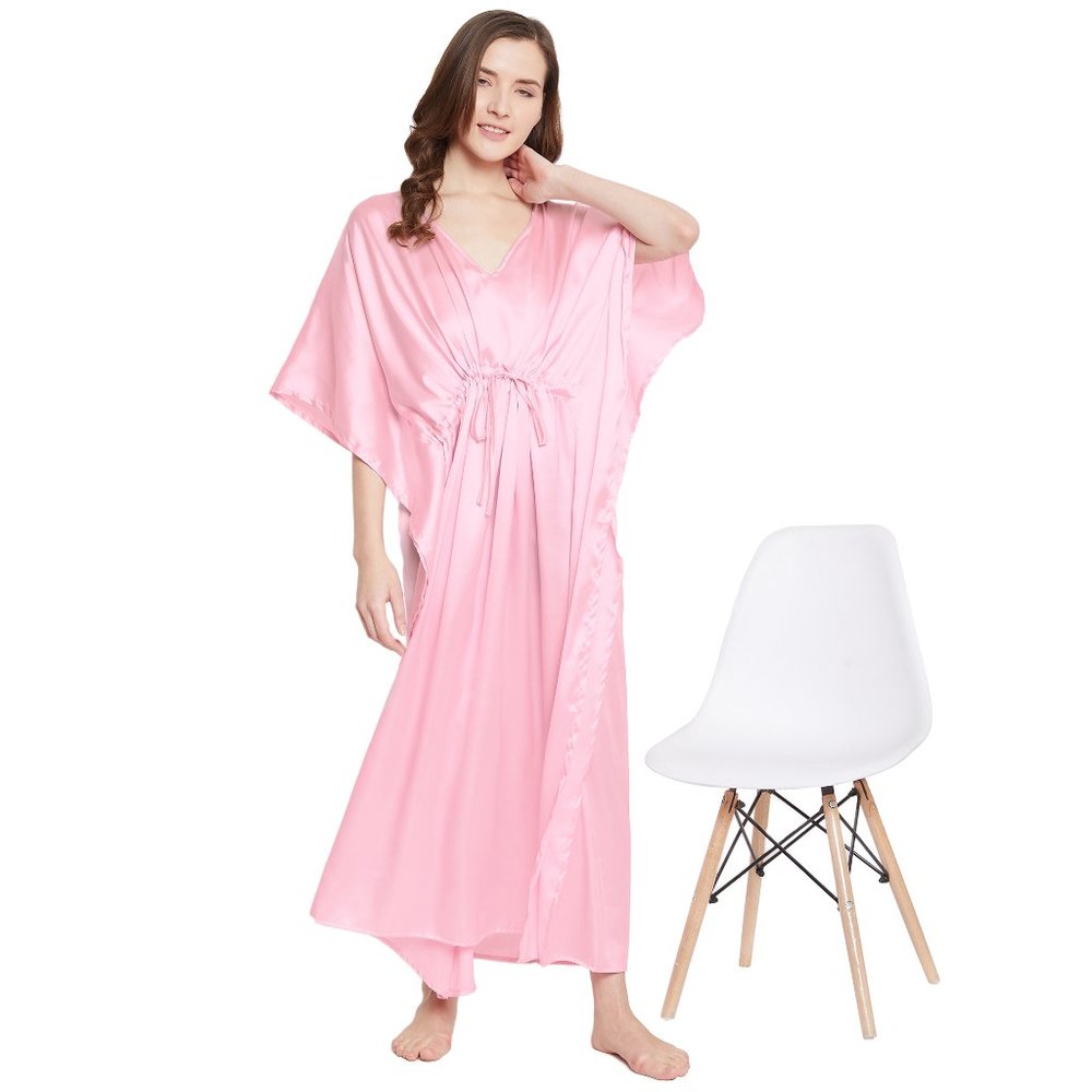 Women's Pink Satin Night Dress Kimono Sleeve Solid Caftan Cover up Maxi Dresses - Picture 5 of 10
